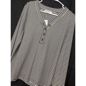 NWT! LOFT! BLACK, WHITE PETIT STRIPE DEEP V SHIRT, TOP, HENLEY! SZ XL